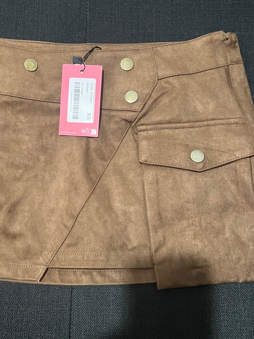 Edikted Brown Faux Suede Mini Skirt with Snap Button Accents